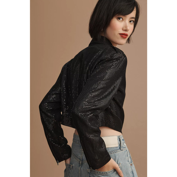 NWT Anthropologie Sequin Cropped Black Moto Jacket - Large - Picture 2 of 5